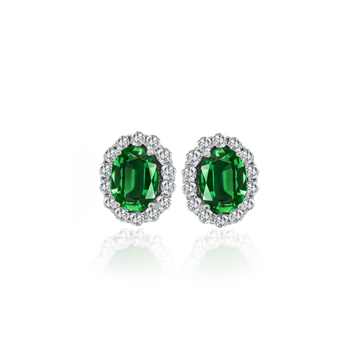 14K White Gold Oval Emerald Earrings with Diamond Halo